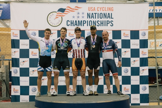 The men's kilometer time trial podium